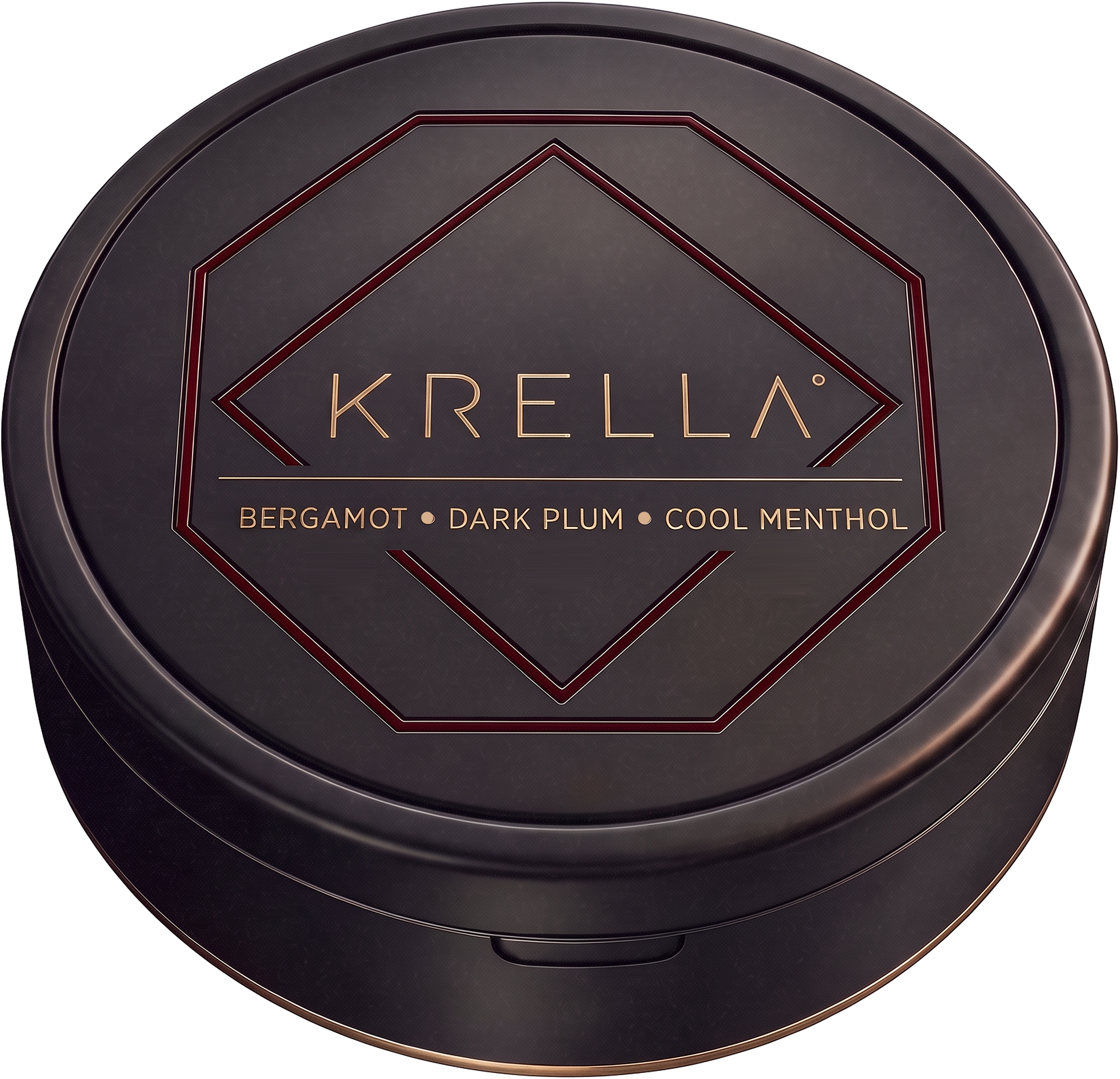 Krella nicotine-free oral pouch tin in black, gold and plum
